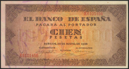 100 Pesetas. 20 de Mayo de 1938. Serie E. (Edifil 2021: 432a). Conserva gran parte del apresto original. EBC+.