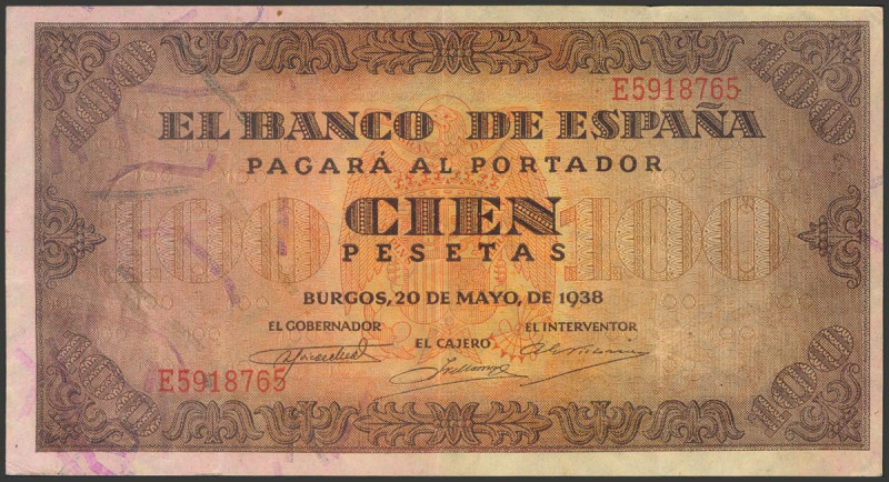 100 Pesetas. 20 de Mayo de 1938. Serie E. (Edifil 2017: 432a). Conserva parte de...