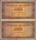 100 Pesetas. 20 de Mayo de 1938. Pareja correlativa. Serie E. (Edifil 2017: 432a). Conserva parte del apresto orginal. EBC.