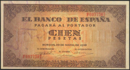 100 Pesetas. 20 de Mayo de 1938. Serie F. (Edifil 2021: 432a). Conserva parte del apresto original. EBC+.