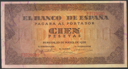 100 Pesetas. 20 de Mayo de 1938. Serie F. (Edifil 2017: 432a). Conserva parte del apresto original. EBC.
