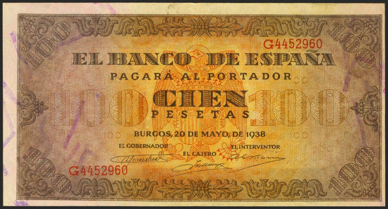 100 Pesetas. 20 de Mayo de 1938. Serie G. (Edifil 2021: 432a). Conserva gran par...