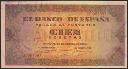 100 Pesetas. 20 de Mayo de 1938. Serie G. (Edifil 2021: 432a). Conserva gran parte del apresto original. EBC.