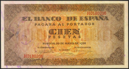 100 Pesetas. 20 de Mayo de 1938. Serie H, última serie emitida. (Edifil 2021: 432a). Conserva todo su apresto original, y presenta un ligerísimo plieg...