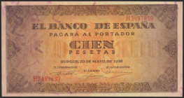 100 Pesetas. 20 de Mayo de 1938. Serie H, última serie emitida. (Edifil 2021: 432a). Conserva gran parte del apresto original. EBC.