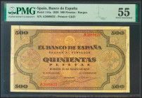 500 Pesetas. 20 de Mayo de 1938. Sin serie. (Edifil 2021: 433, Pick: 114a). Inusual en esta calidad. EBC+. Encapsulado PMG55. (presenta ligero doblez ...