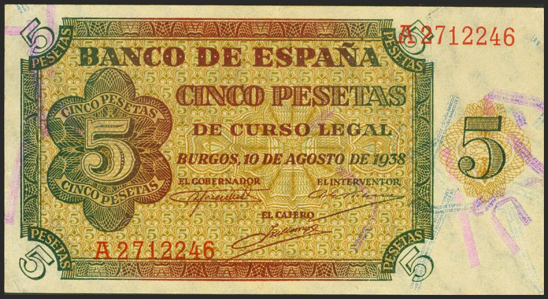 5 Pesetas. 10 de Agosto de 1938. Serie A. (Edifil 2017: 435a). Apresto original....