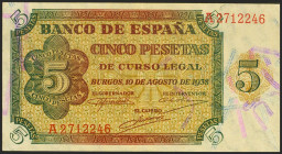 5 Pesetas. 10 de Agosto de 1938. Serie A. (Edifil 2017: 435a). Apresto original. EBC+.