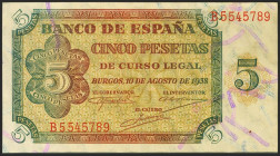 5 Pesetas. 10 de Agosto de 1938. Serie B. (Edifil 2021: 435a). Apresto original. SC-.