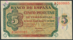 5 Pesetas. 10 de Agosto de 1938. Serie B. (Edifil 2017: 435a). Apresto original. EBC+.
