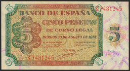5 Pesetas. 10 de Agosto de 1938. Serie K. (Edifil 2021: 435a). Apresto original. SC-.