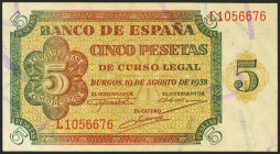 5 Pesetas. 10 de Agosto de 1938. Serie L. (Edifil 2021: 435a). Apresto original. SC.
