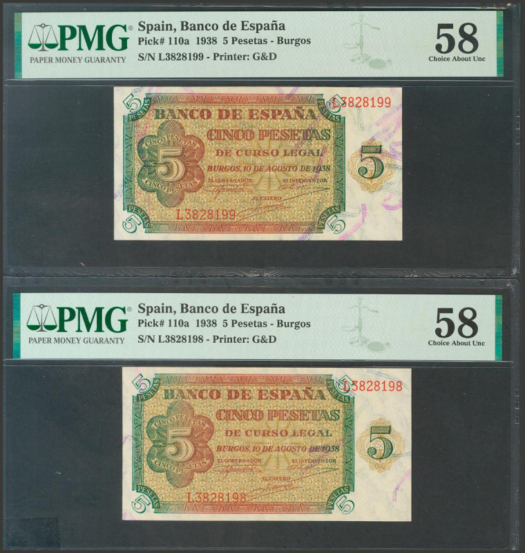 5 Pesetas. 10 de Agosto de 1938. Pareja correlativa. Serie L. (Edifil 2017: 435a...