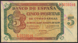 5 Pesetas. 10 de Agosto de 1938. Serie L. (Edifil 2021: 435a). Presenta gran parte del apresto original. EBC+.