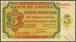 5 Pesetas. 10 de Agosto de 1938. Serie L. (Edifil 2021: 435a). Conserva parte de su apresto original. EBC.