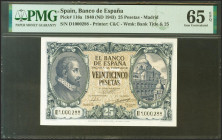 25 Pesetas. 9 de Enero de 1940. Serie D. (Edifil 2021: 436a). Inusual en esta excepcional calidad, apresto original. SC. Encapsulado PMG65EPQ.