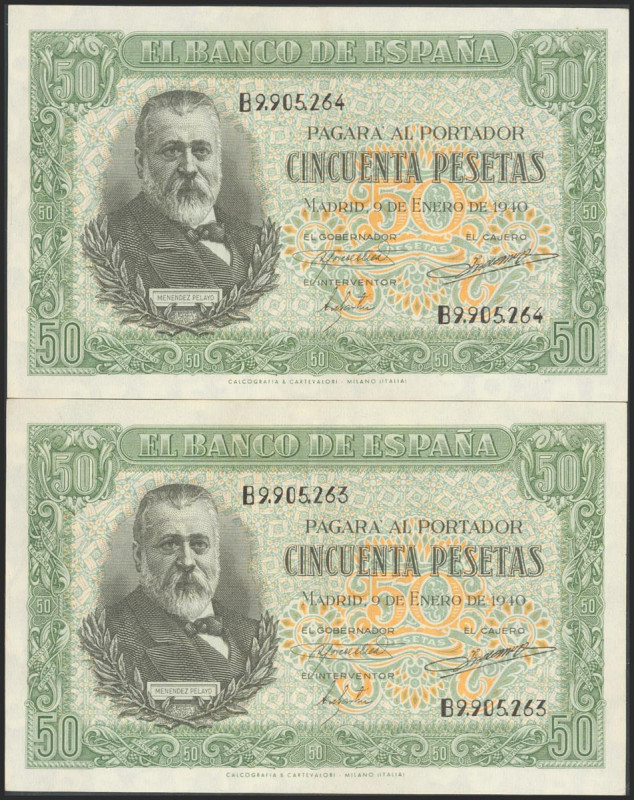 50 Pesetas. 9 de Enero de 1940. Pareja correlativa. Serie B. (Edifil 2017: 437a)...