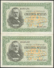 50 Pesetas. 9 de Enero de 1940. Pareja correlativa. Serie B. (Edifil 2017: 437a). Conserva la casi totalidad del apresto original. EBC+.