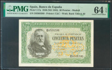 50 Pesetas. 9 de Enero de 1940. Serie D. (Edifil 2021: 437a, Pick: 117a). Inusual en esta calidad, apresto original. SC. Encapsulado PMG64EPQ.