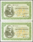 50 Pesetas. 9 de Enero de 1940. Pareja correlativa. Serie D. (Edifil 2021: 437a). Inusual, conserva gran parte de su apresto original. EBC.