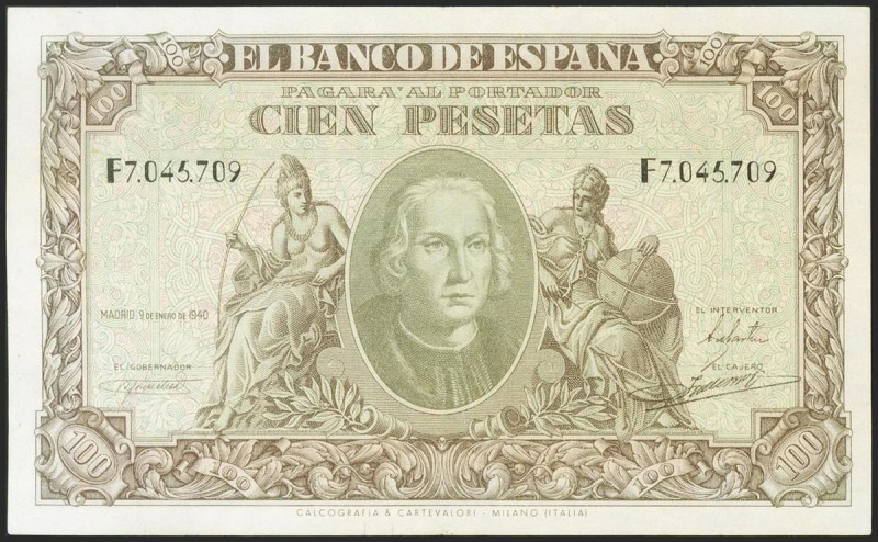 100 Pesetas. 9 de Enero de 1940. Serie F. (Edifil 2021: 438a). Conserva gran par...