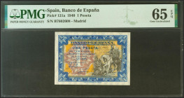 1 Peseta. 1 de Junio de 1940. Serie B. (Edifil 2021: 441a, Pick: 121a). Raro en esta calidad, apresto original. SC. Encapsulado PMG65EPQ.
