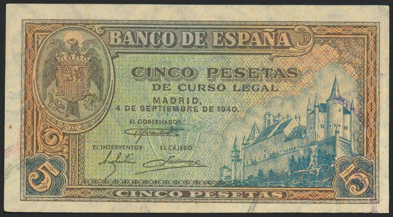 5 Pesetas. 4 de Septiembre de 1940. Serie A. (Edifil 2021: 443). Apresto origina...