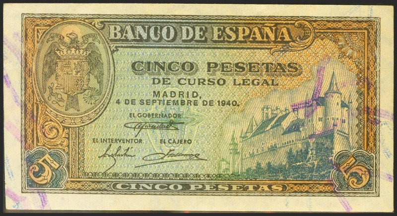 5 Pesetas. 4 de Septiembre de 1940. Serie F. (Edifil 2021: 443a). Apresto origin...