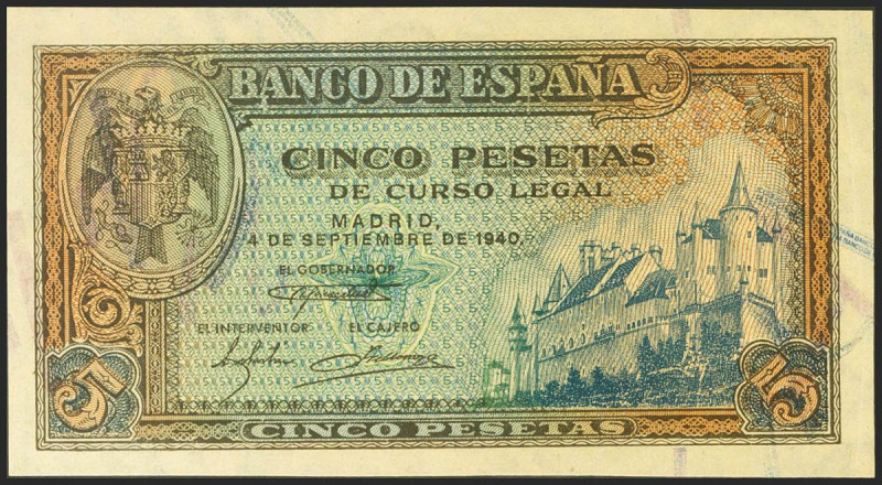 5 Pesetas. 4 de Septiembre de 1940. Serie L. (Edifil 2021: 443a). Conserva todo ...