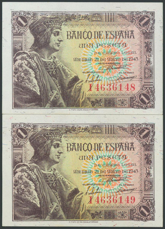 1 Peseta. 21 de Mayo de 1943. Pareja correlativa. Serie I. (Edifil 2017: 447a). ...