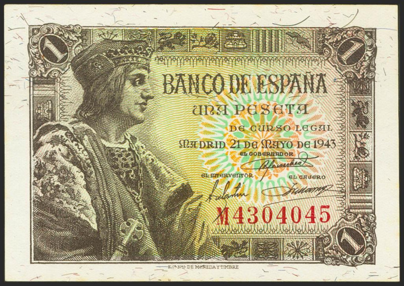 1 Peseta. 21 de Mayo de 1943. Serie M. (Edifil 2021: 447a). Apresto original. SC...