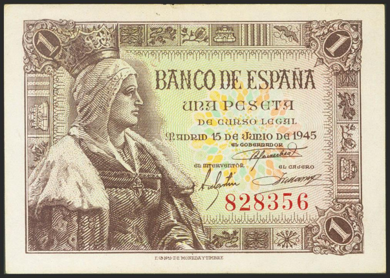 1 Peseta. 15 de Junio de 1945. Sin serie. (Edifil 2021: 448). Apresto original. ...