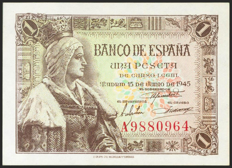 1 Peseta. 15 de Junio de 1945. Serie A. (Edifil 2021: 448a). Apresto original. S...