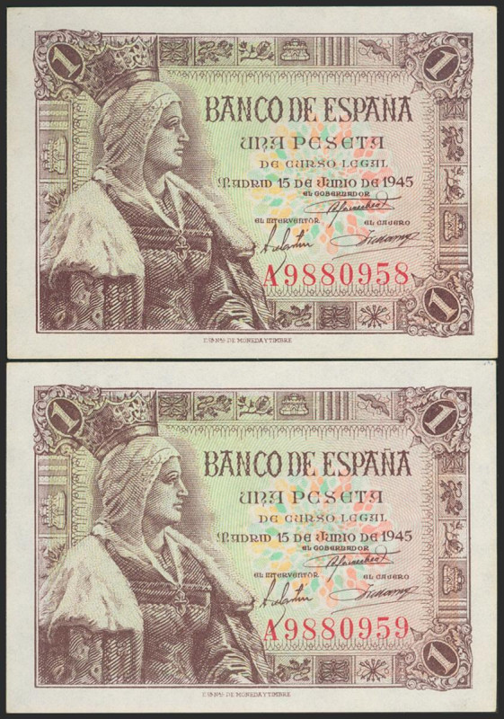 1 Peseta. 15 de Junio de 1945. Pareja correlativa. Serie A. (Edifil 2021: 448a)....