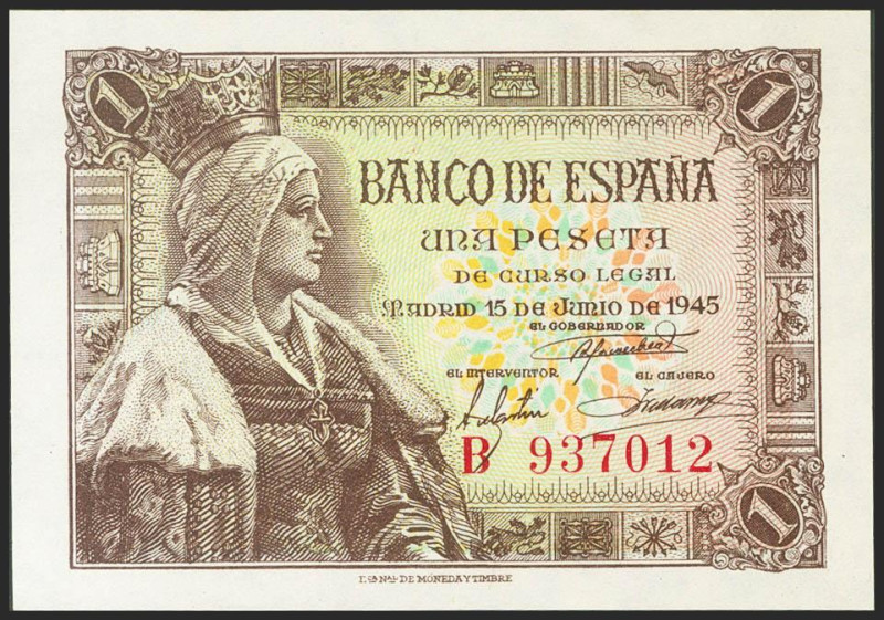 1 Peseta. 15 de Junio de 1945. Serie B. (Edifil 2021: 448a). Apresto original. S...