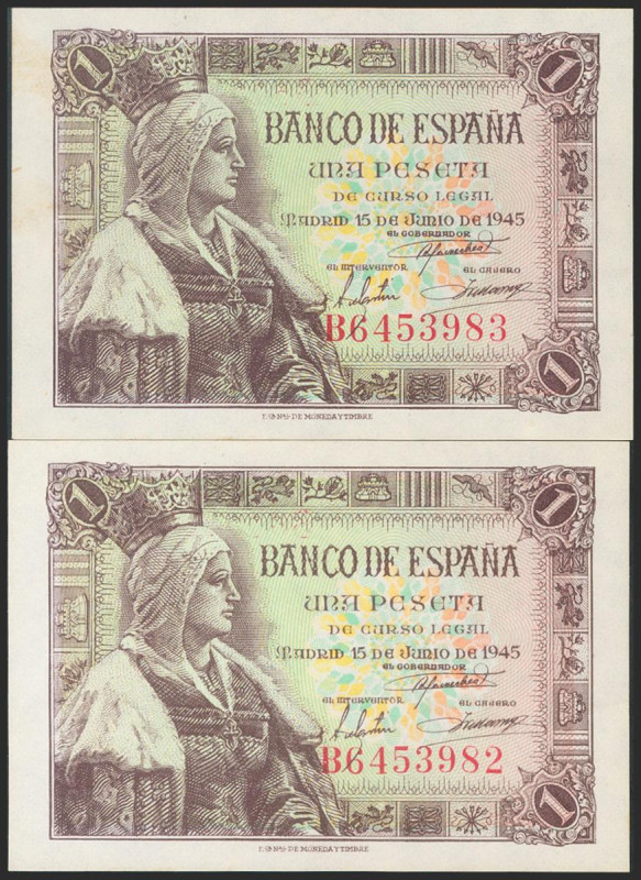 1 Peseta. 15 de Junio de 1945. Pareja correlativa. Serie B. (Edifil 2017: 448a)....