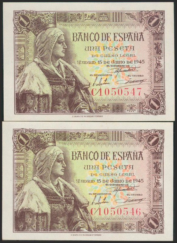 1 Peseta. 15 de Junio de 1945. Pareja correlativa. Serie C. (Edifil 2021: 448a)....