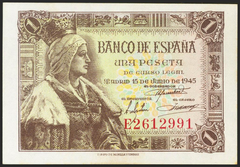 1 Peseta. 15 de Junio de 1945. Serie E. (Edifil 2021: 448a). Apresto original. S...