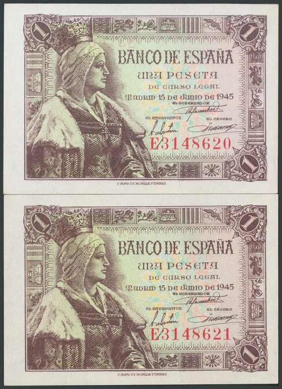 1 Peseta. 15 de Junio de 1945. Pareja correlativa. Serie E. (Edifil 2017: 448a)....