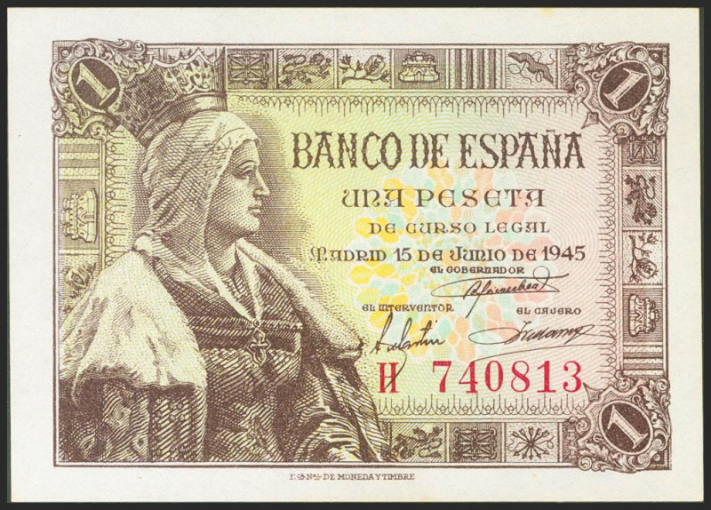 1 Peseta. 15 de Junio de 1945. Serie H. (Edifil 2021: 448a). Apresto original. S...