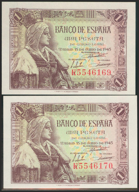 1 Peseta. 15 de Junio de 1945. Pareja correlativa. Serie K. (Edifil 2021: 448a)....