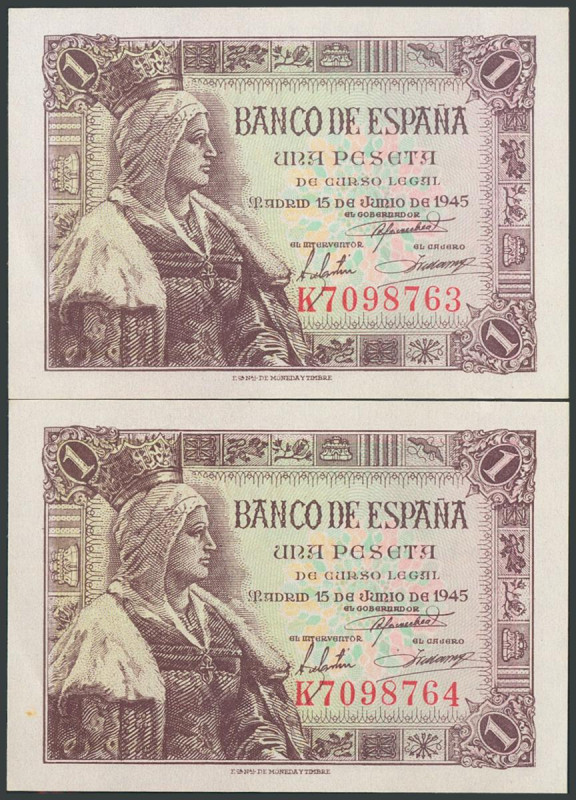 1 Peseta. 15 de Junio de 1945. Pareja correlativa. Serie K. (Edifil 2017: 448a)....