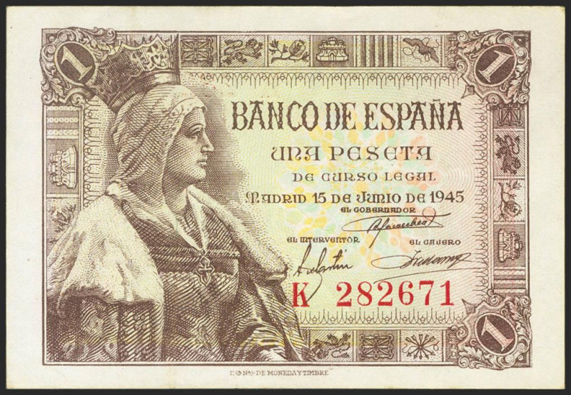 1 Peseta. 15 de Junio de 1945. Serie K. (Edifil 2021: 448a). Conserva gran parte...