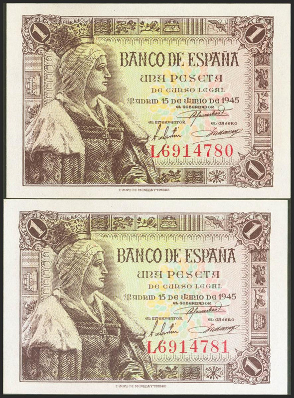 1 Peseta. 15 de Junio de 1945. Pareja correlativa. Serie L. (Edifil 2021: 448a)....