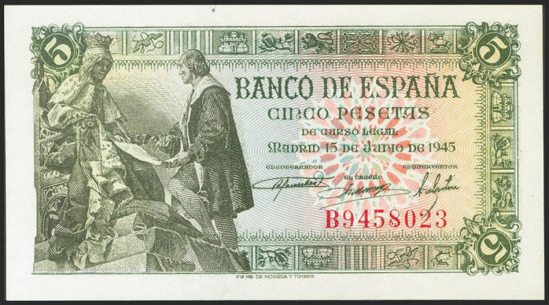 5 Pesetas. 15 de Junio de 1945. Serie B. (Edifil 2021: 449a). Apresto original. ...