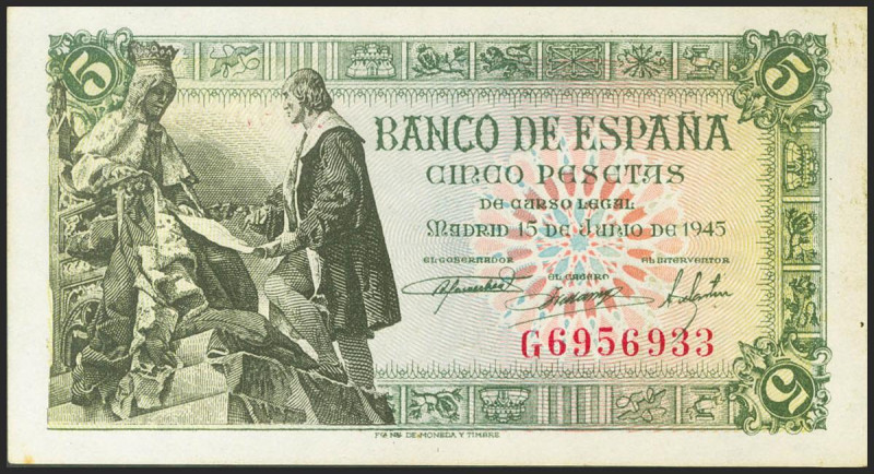 5 Pesetas. 15 de Junio de 1945. Serie G. (Edifil 2021: 449a). Apresto original. ...