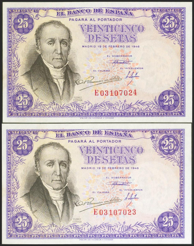25 Pesetas. 19 de Febrero de 1946. Pareja correlativa, serie E. (Edifil 2021: 45...