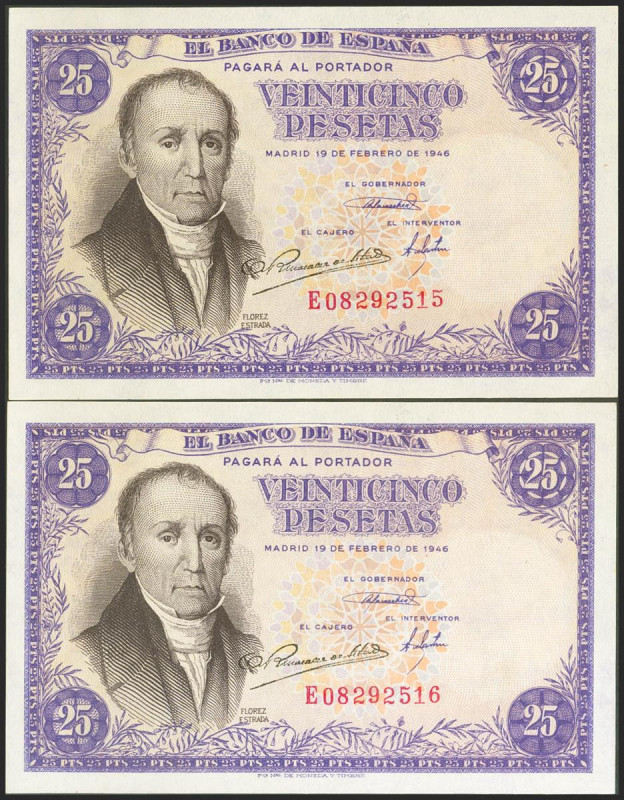 25 Pesetas. 19 de Febrero de 1946. Pareja correlativa, serie E. (Edifil 2021: 45...