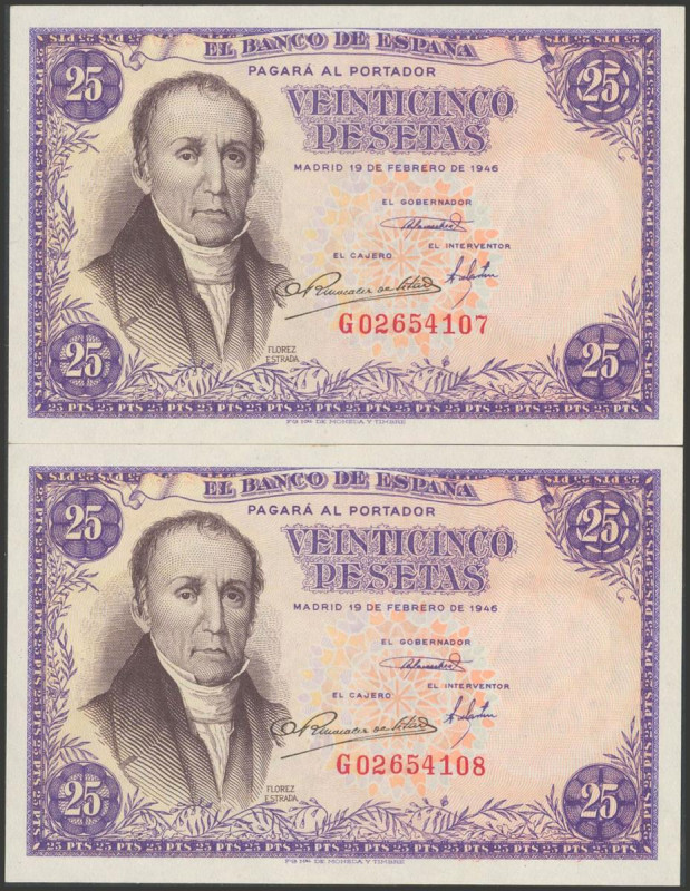 25 Pesetas. 19 de Febrero de 1946. Pareja correlativa. Serie G. (Edifil 2017: 45...