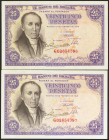 25 Pesetas. 19 de Febrero de 1946. Pareja correlativa, serie G. (Edifil 2021: 450a). Apresto original. SC-.